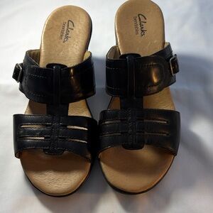 Clarks Women's Black Leather Slide Sandals